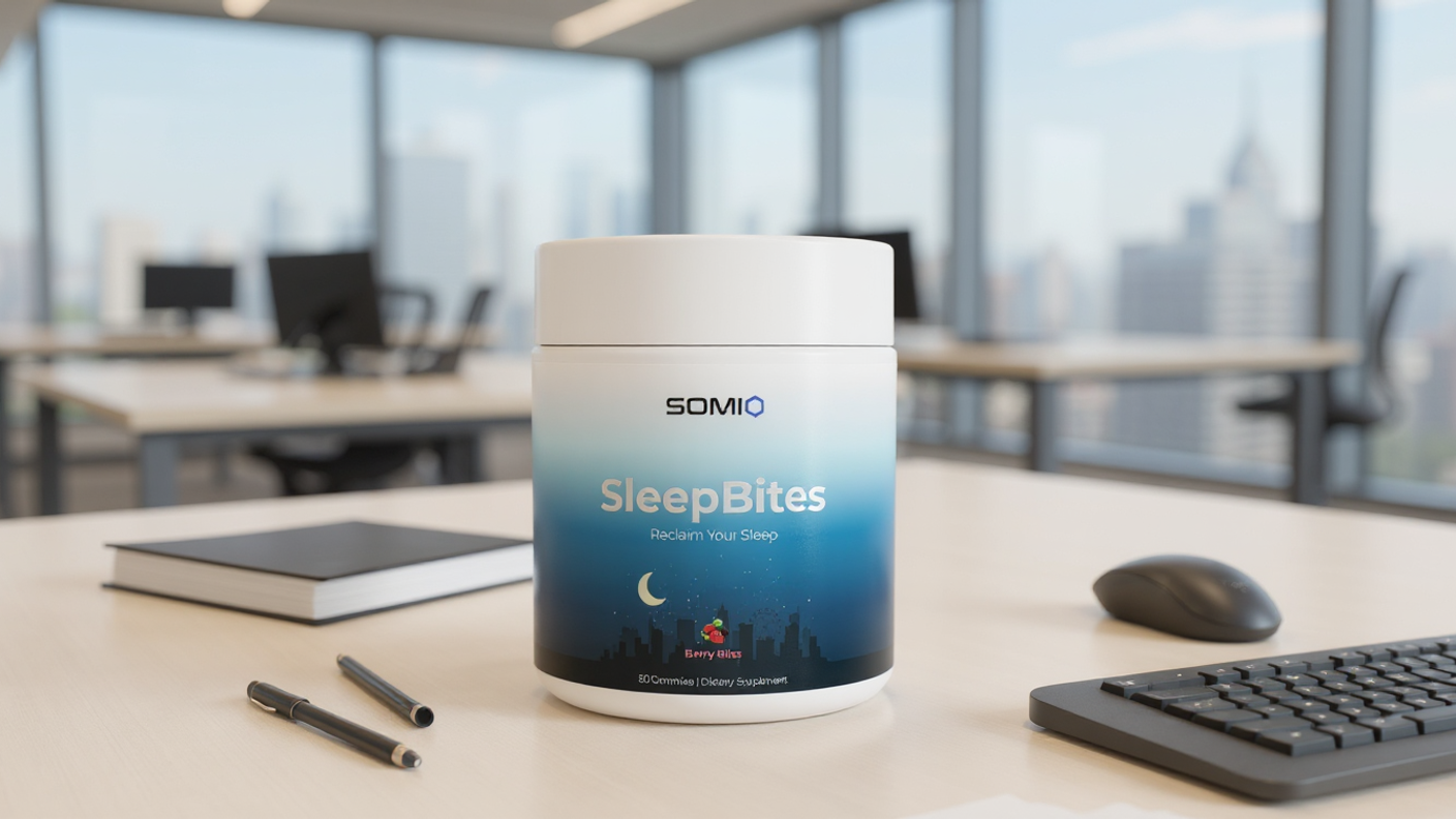 Container of SOMIO SleepBites on a desk in an office setting