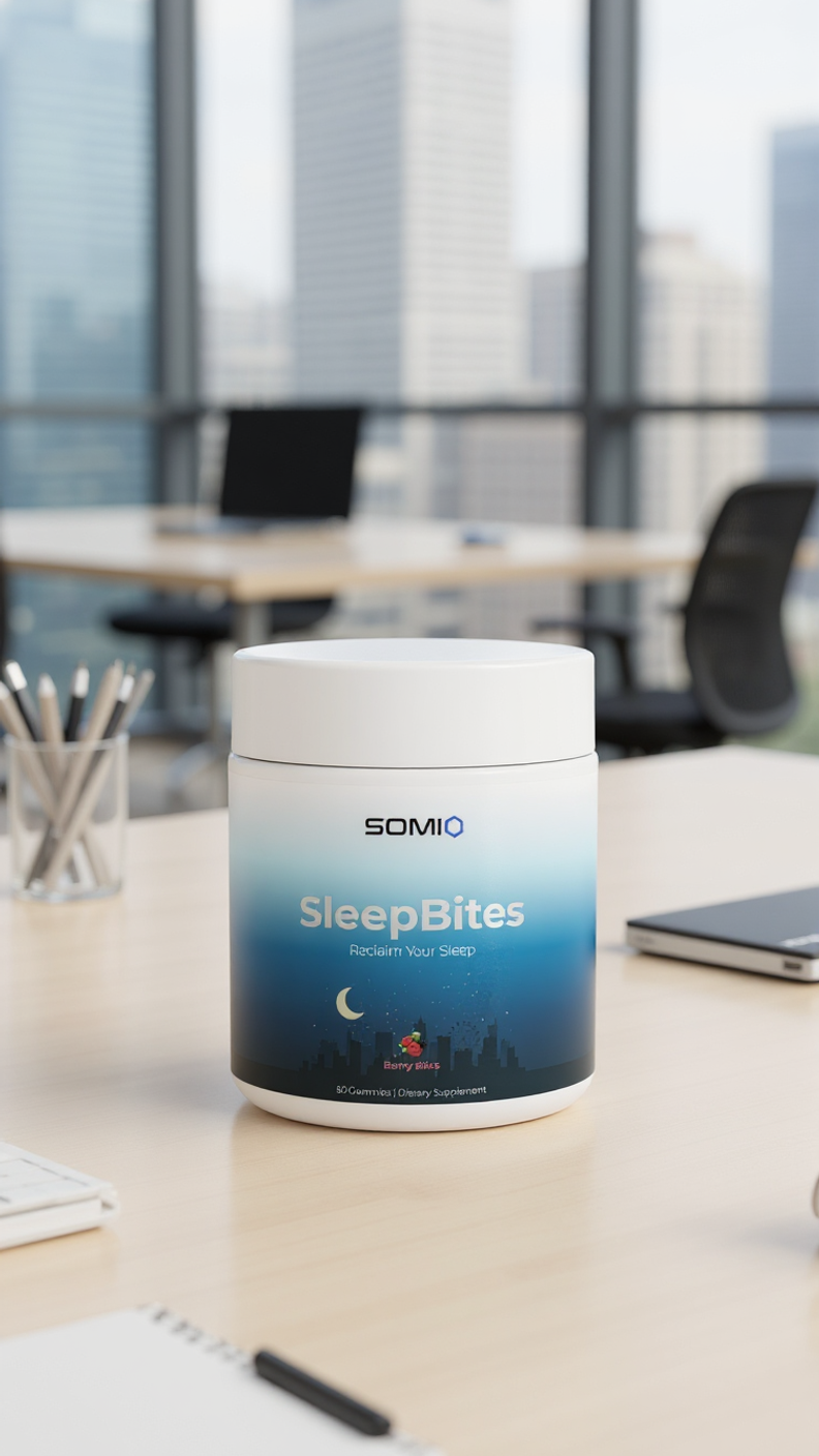 Container of SOMIO SleepBites on a desk in an office setting